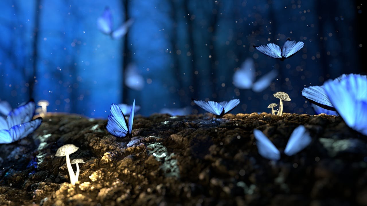 programs-02 Magical scene of blue butterflies fluttering amidst glowing mushrooms in a dark forest.